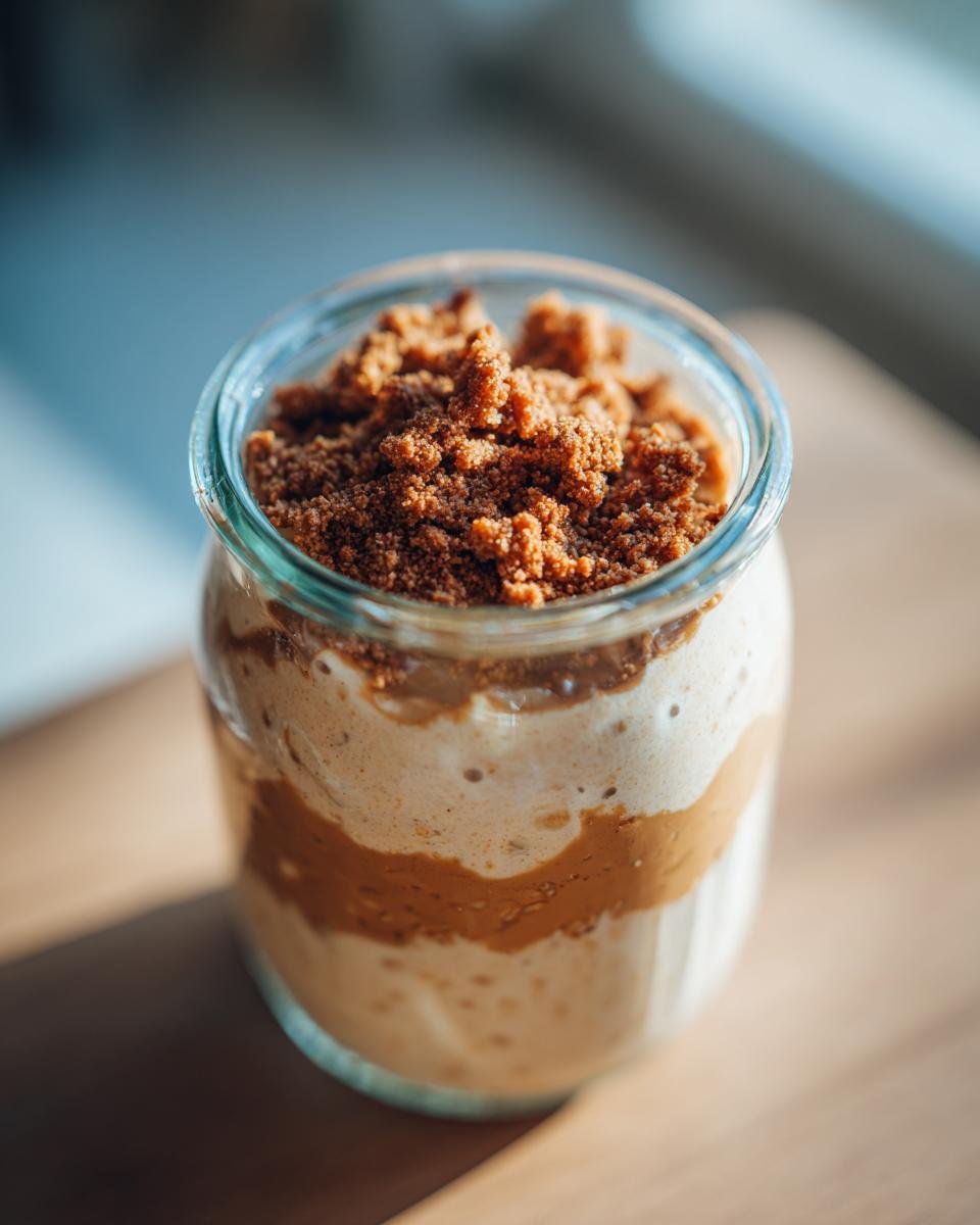 Close-up of Biscoff Cookie Overnight Oats layered with Biscoff spread and topped with cookie crumbs in a glass jar.