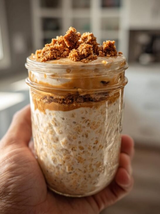 Hand holding a glass jar filled with layered Biscoff Cookie Overnight Oats, topped with cookie crumbles.