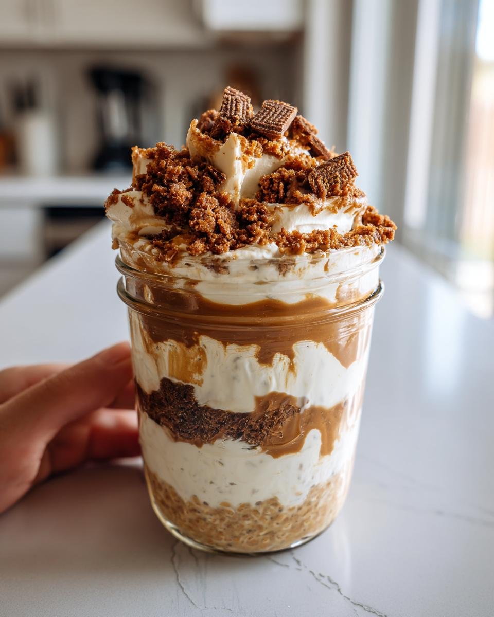 Close-up of Biscoff Cookie Overnight Oats layered in a jar with cream and cookie crumbles on top.