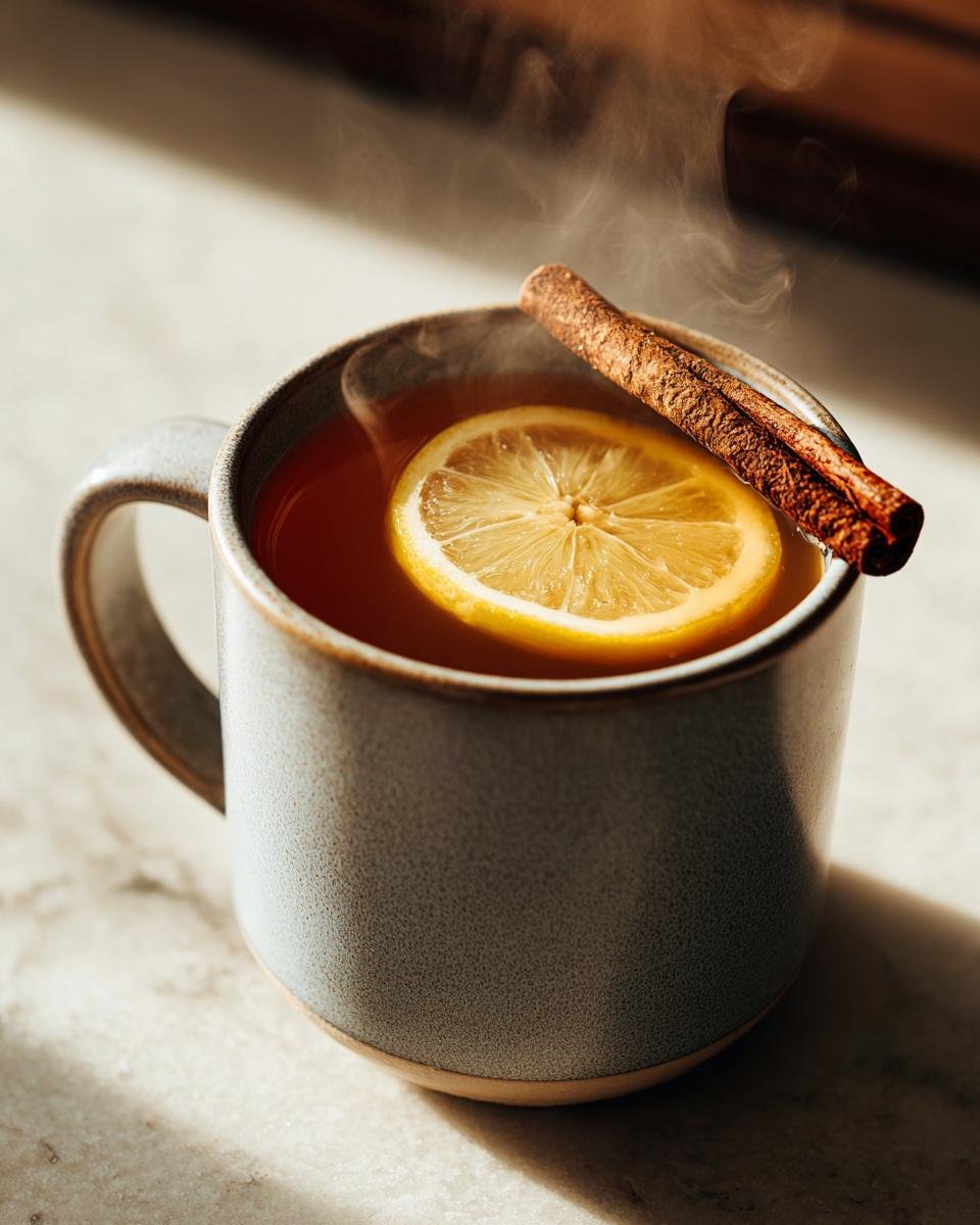 Close-up of a steaming Bourbon Maple Hot Toddy Mocktail garnished with a lemon slice and cinnamon stick.