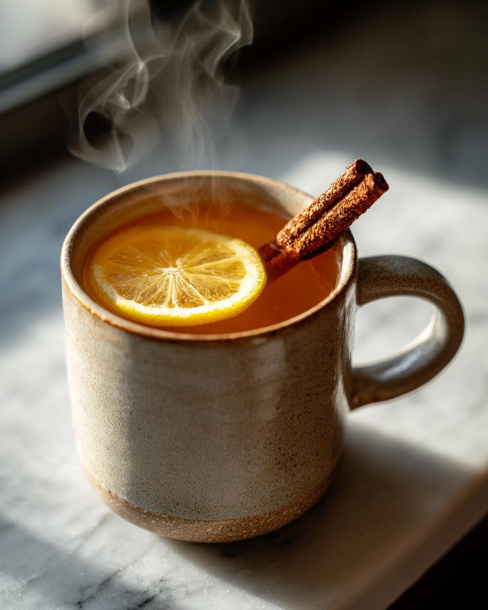 Close-up of a steaming Bourbon Maple Hot Toddy Mocktail garnished with a lemon slice and cinnamon stick.