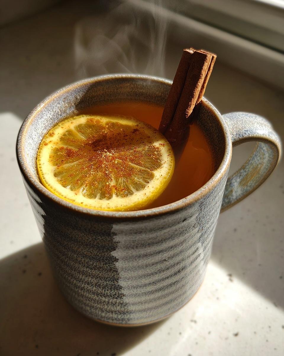 Close-up of a steaming Bourbon Maple Hot Toddy Mocktail garnished with a lemon slice and cinnamon stick.