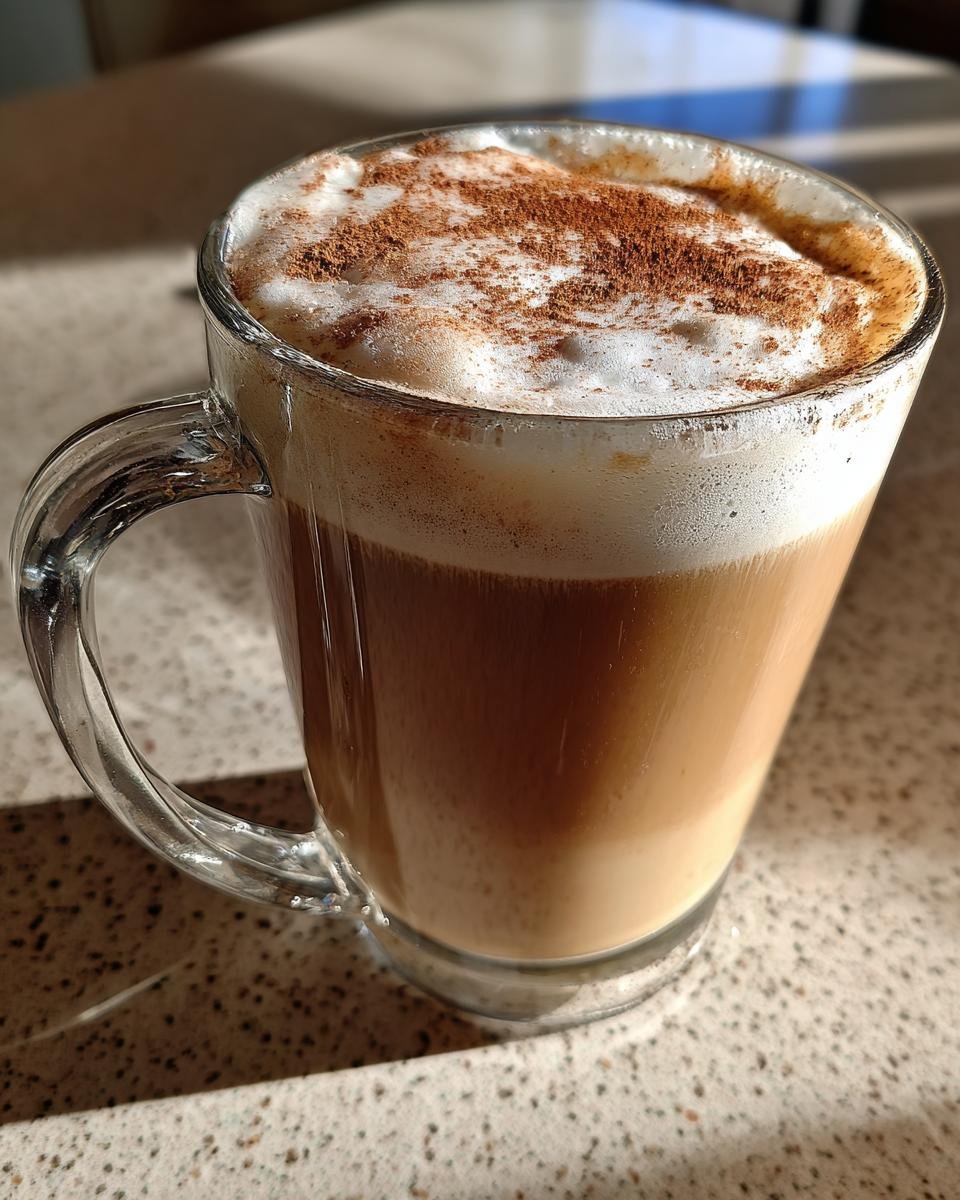 Close-up of a Brown Butter Maple Cookie Latte with thick foam topped with cinnamon in a clear glass mug.