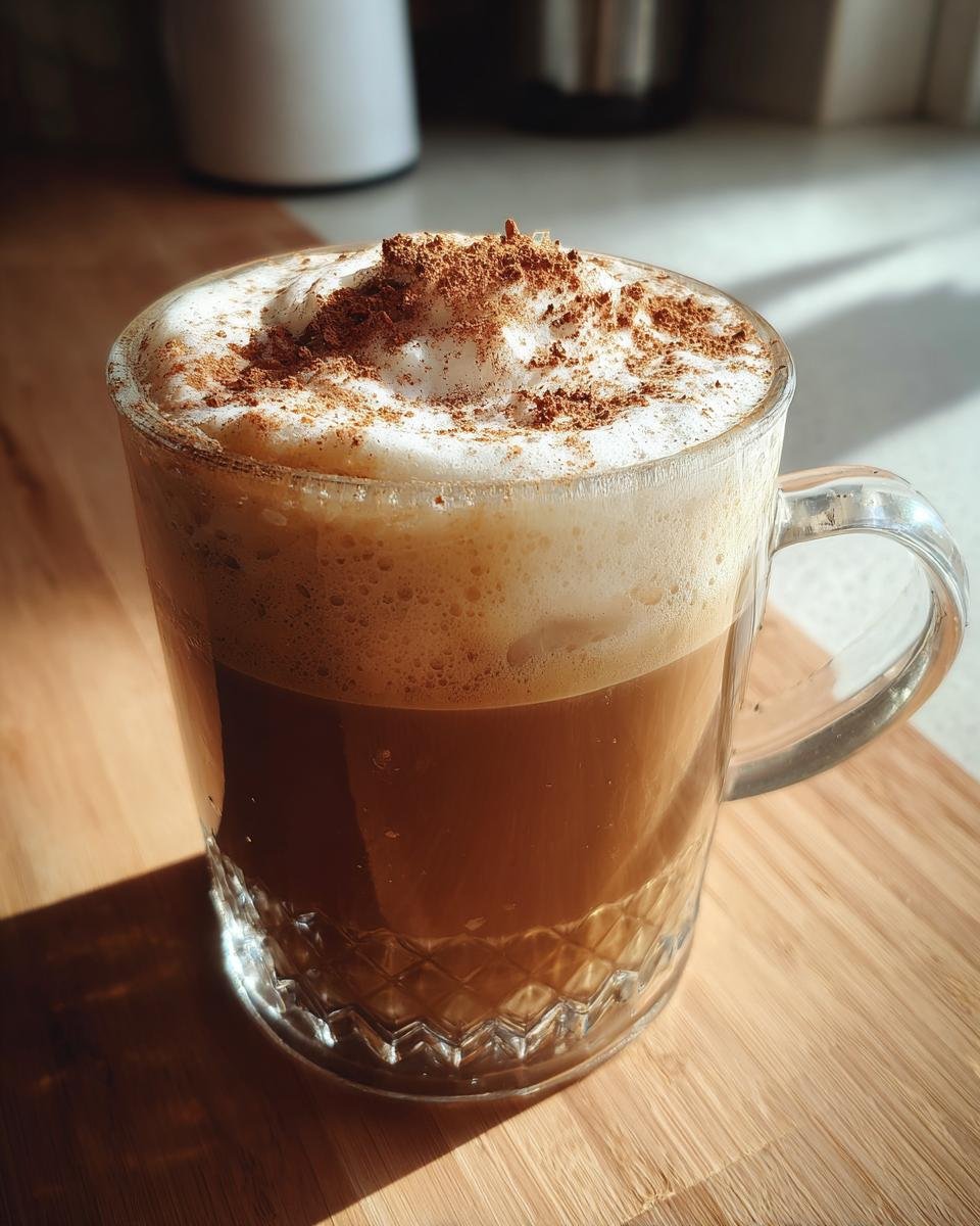 A close-up of a Brown Butter Maple Cookie Latte with thick foam topped with cinnamon in a clear, textured glass mug.
