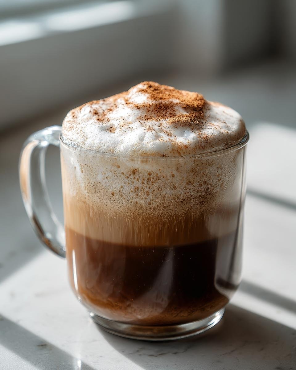A layered Brown Butter Maple Cookie Latte in a clear glass mug, topped with thick foam and cinnamon.