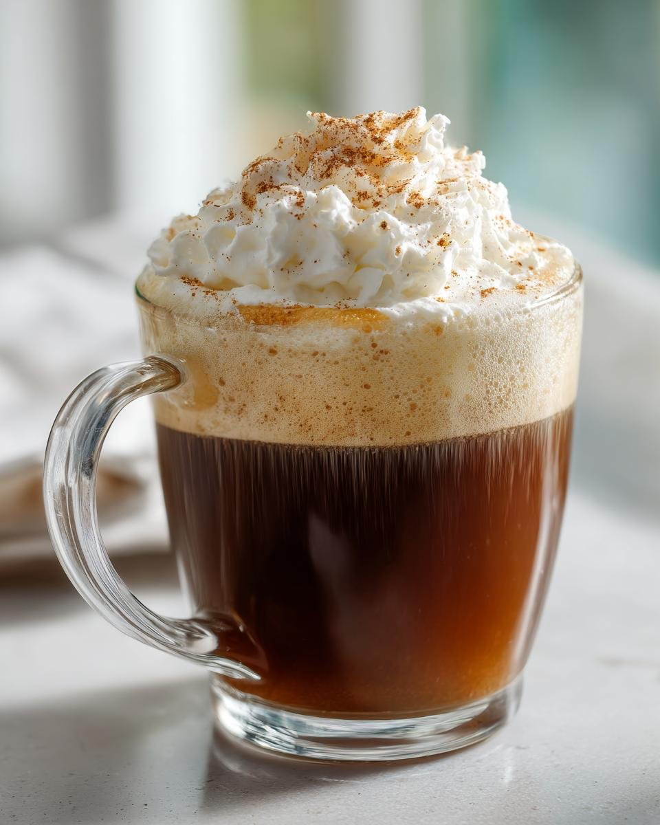 A clear glass mug filled with a rich brown coffee topped with foam, whipped cream, and a dusting of spice, representing the Brown Butter Maple Cookie Latte.