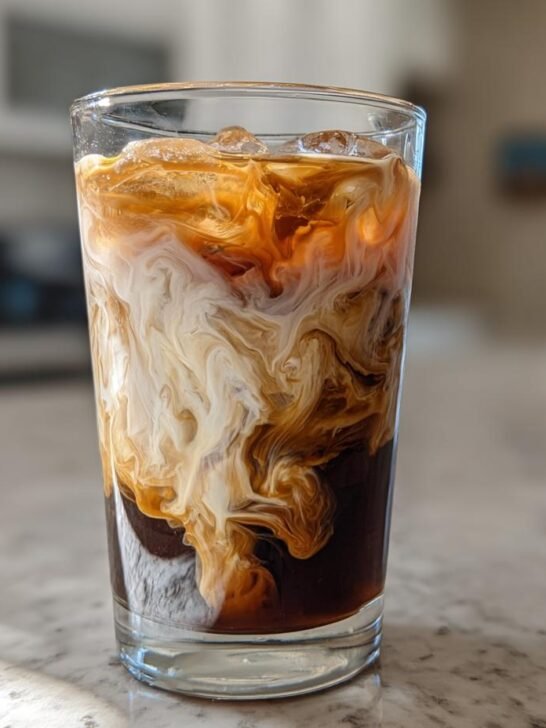 Close-up of a glass of Brown Sugar Caramel Iced Coffee showing cream swirling beautifully into the dark coffee over ice.