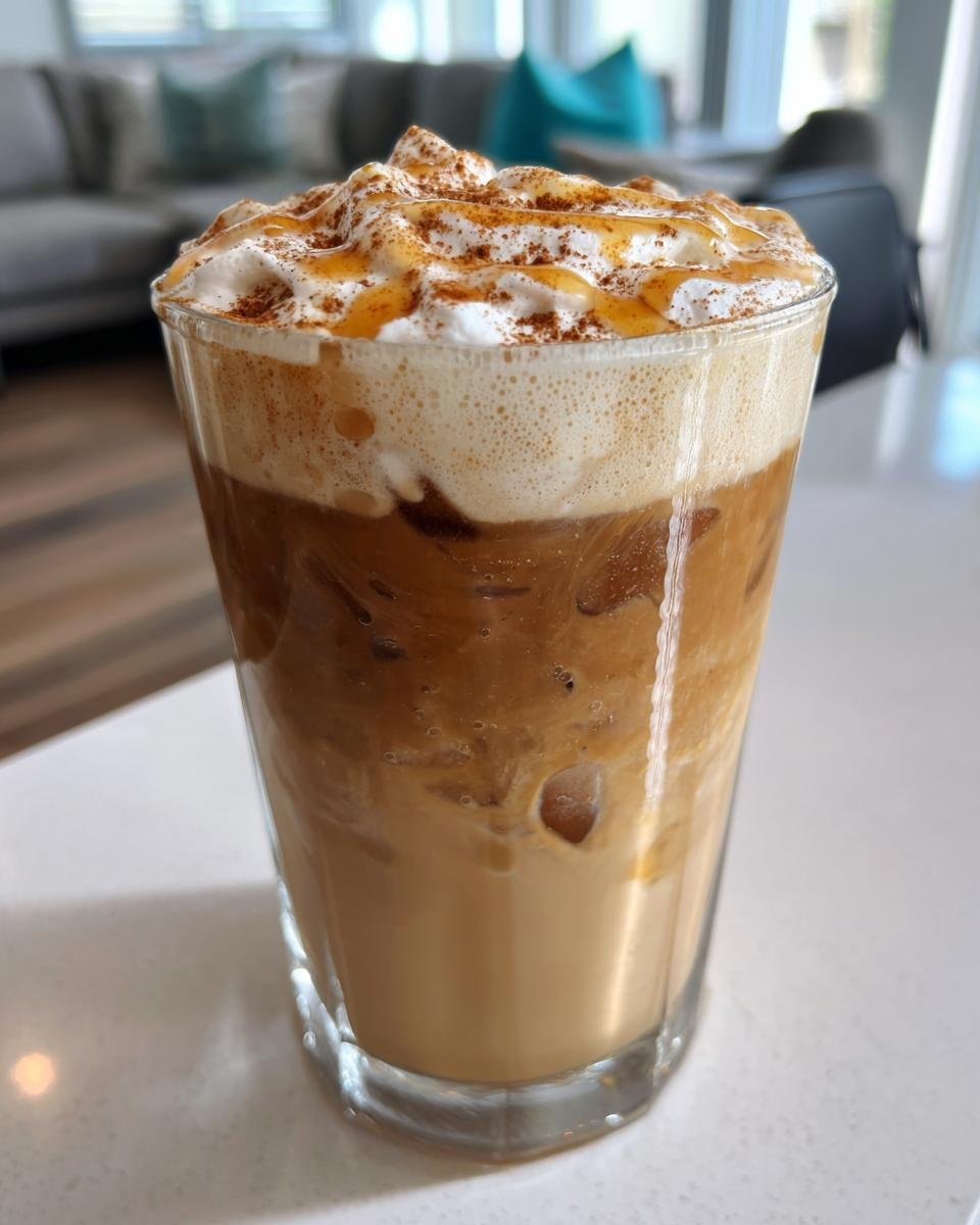 A tall glass of Brown Sugar Iced Pumpkin Cream Latte layered with ice, coffee, and topped with whipped cream and caramel drizzle.