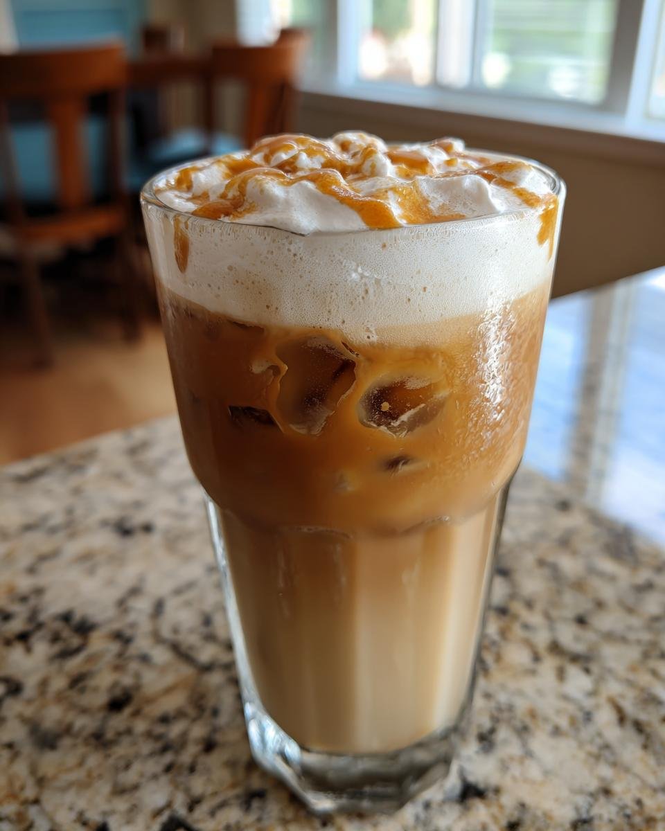 A tall glass of Brown Sugar Iced Pumpkin Cream Latte topped with whipped cream and caramel sauce.