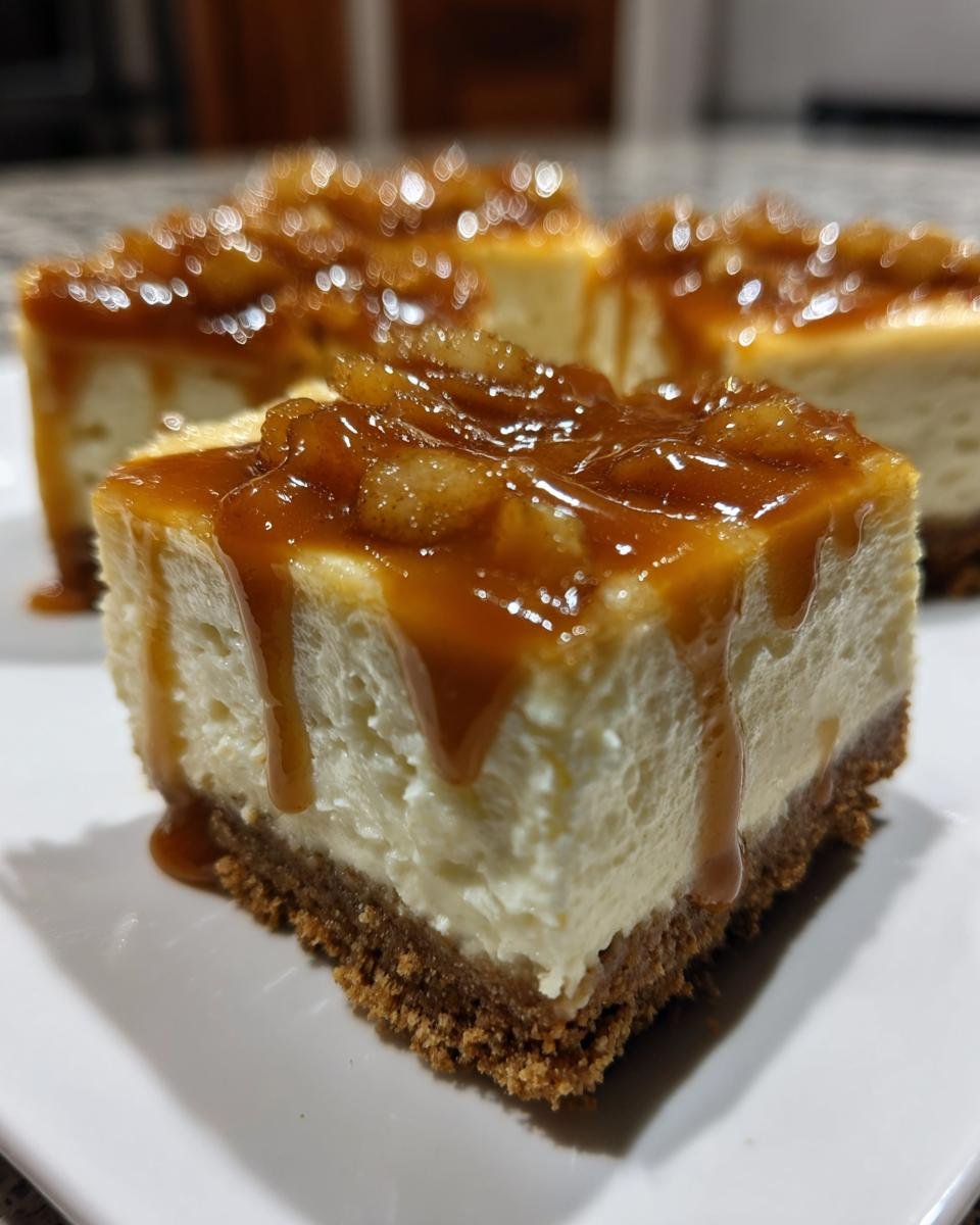 A thick, creamy slice of Caramel Apple Cheesecake Bars topped with gooey caramel sauce and spiced apples.