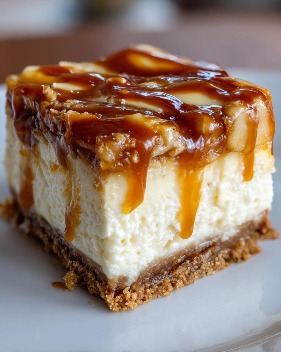 A close-up of a thick slice of Caramel Apple Cheesecake Bars with rich caramel dripping down the sides.