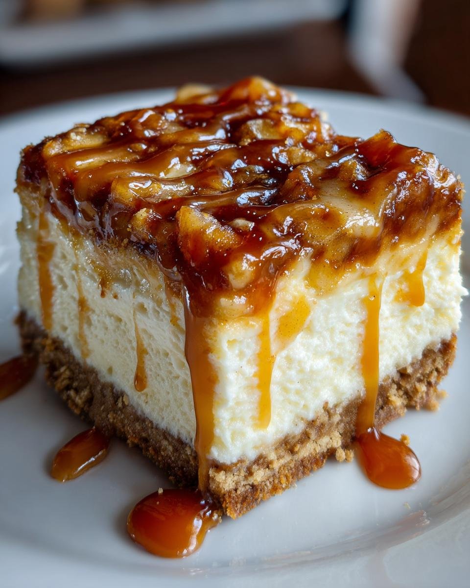 A square slice of rich Caramel Apple Cheesecake Bars with a thick graham cracker crust and dripping caramel sauce.