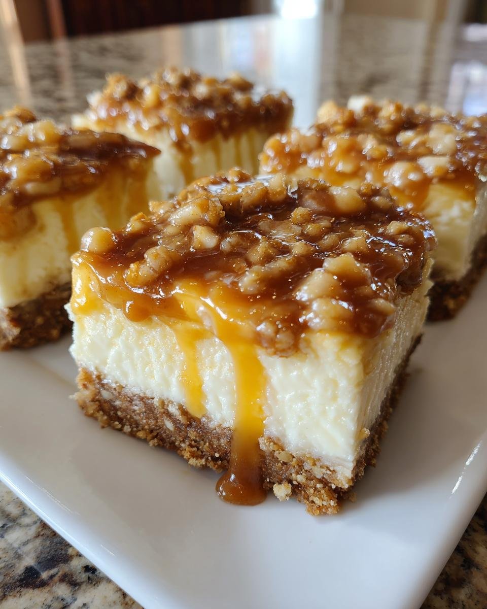Close-up of square slices of Caramel Apple Cheesecake Bars with thick caramel and nut topping dripping down the side.