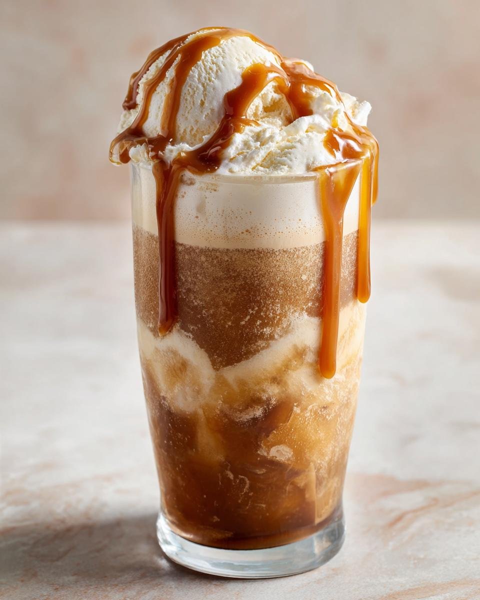 A tall glass filled with a fizzy Caramel Apple Cider Float topped with vanilla ice cream and drizzled with caramel sauce.