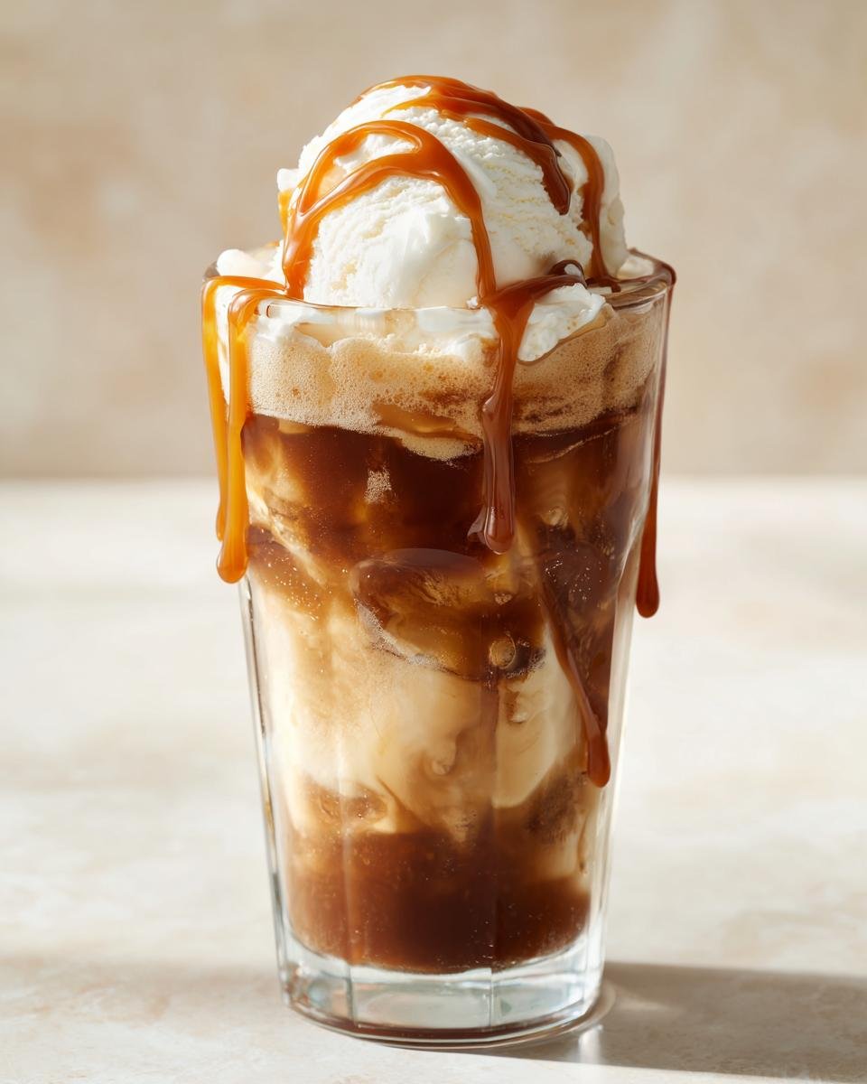 Close-up of a Caramel Apple Cider Float featuring vanilla ice cream topped with rich caramel drizzle.