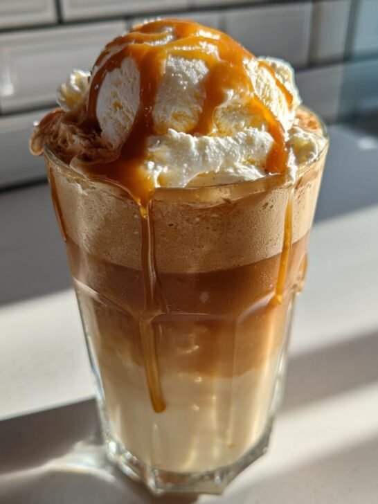 A tall glass featuring a Caramel Apple Cider Float with layers of cider, foam, topped with vanilla ice cream and caramel drizzle.