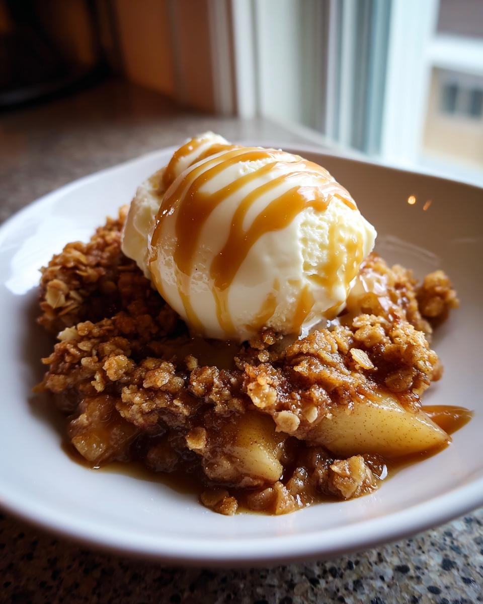 A scoop of vanilla ice cream drizzled with caramel sauce sits atop a serving of warm Caramel Apple Pear Crisp.