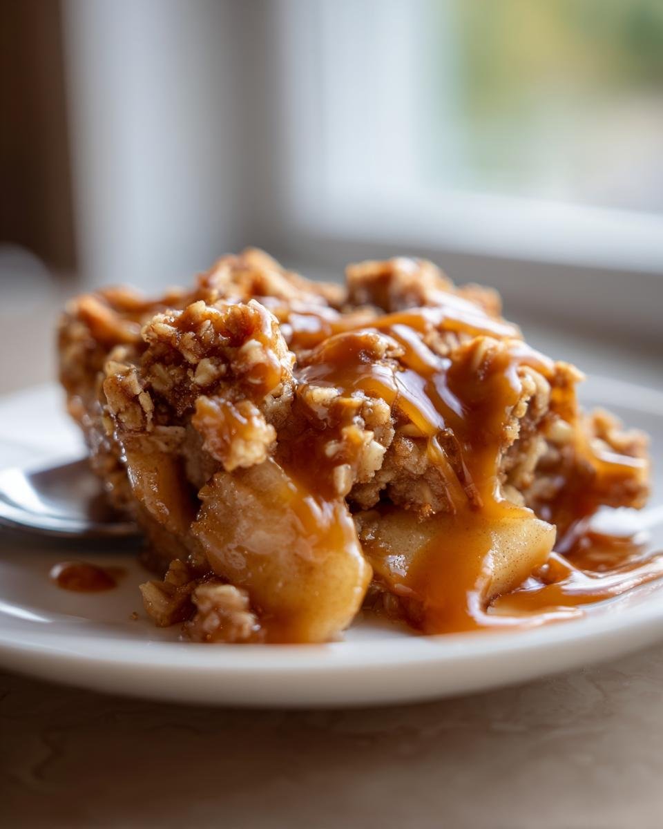 Close-up of a serving of Caramel Apple Pear Crisp topped generously with rich caramel sauce.