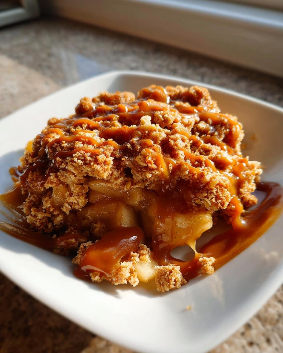 A close-up of a serving of Caramel Apple Pear Crisp topped generously with thick caramel sauce.
