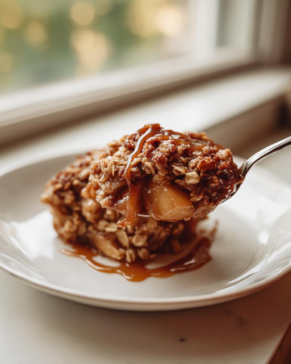 A spoonful of warm Caramel Apple Pear Crisp topped with rich caramel sauce being lifted from a white plate.