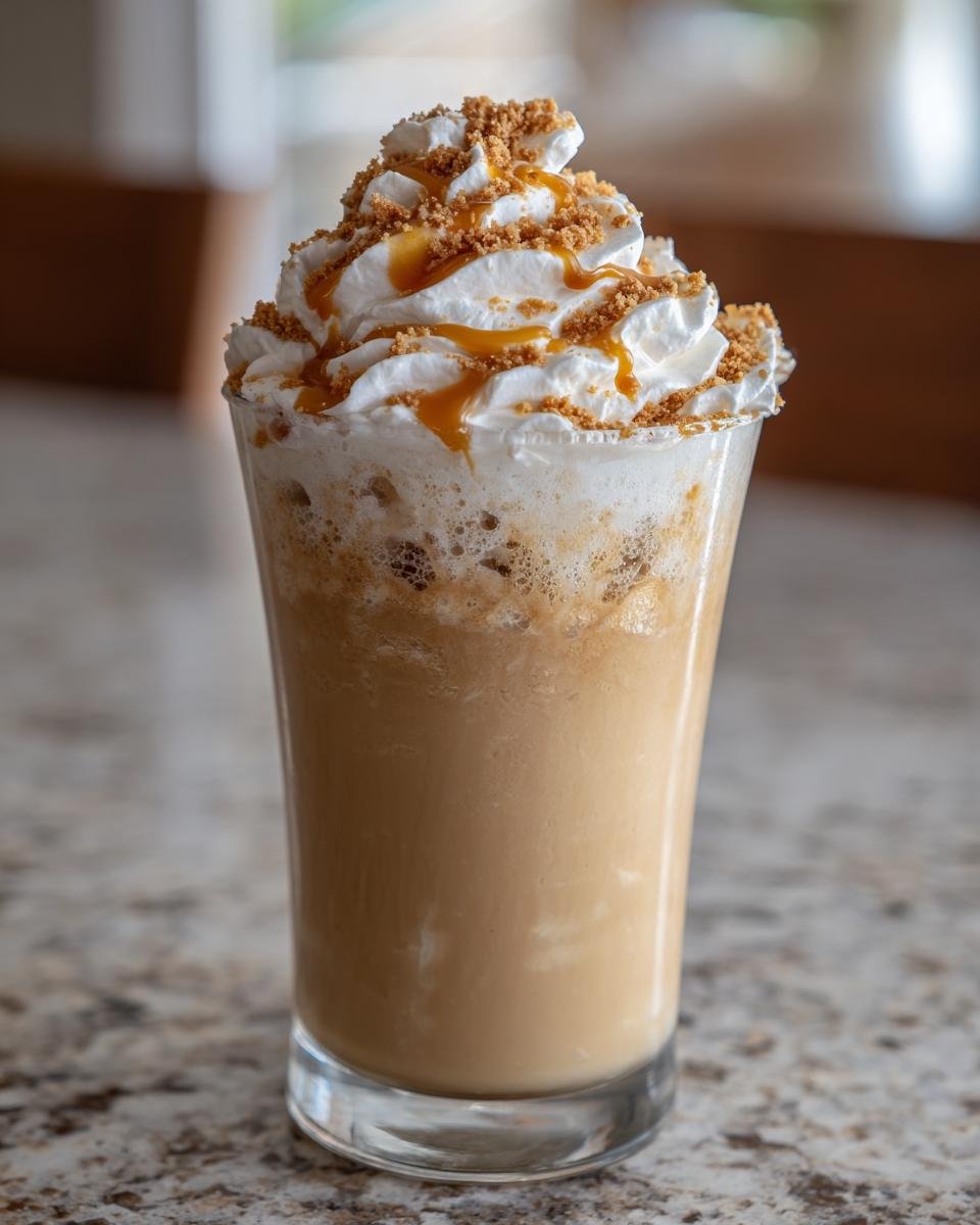 A tall glass of Caramel Biscoff Cookie Butter Iced Latte topped with whipped cream, caramel drizzle, and cookie crumbles.