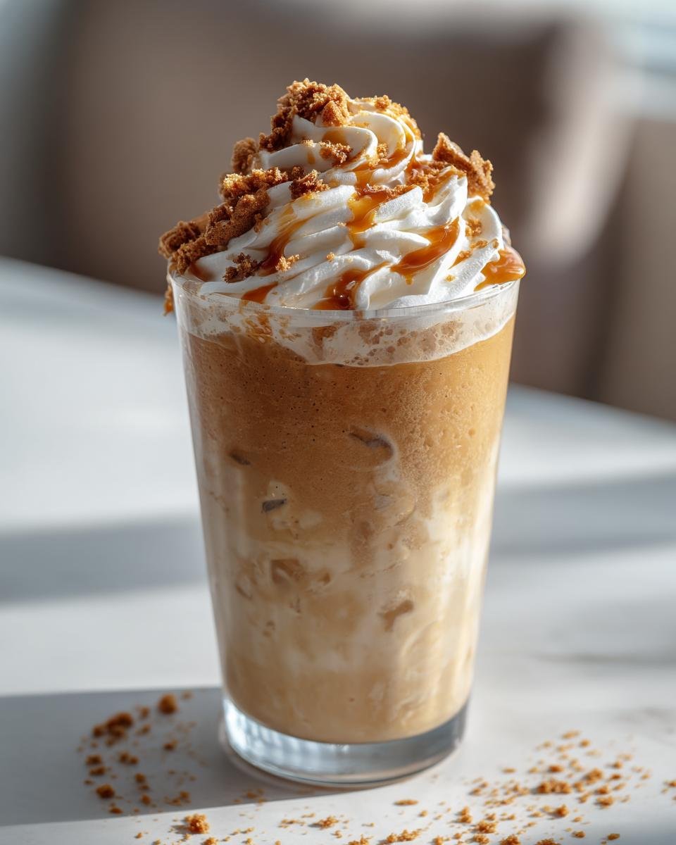 A tall glass of Caramel Biscoff Cookie Butter Iced Latte topped with whipped cream, caramel drizzle, and cookie crumbs.
