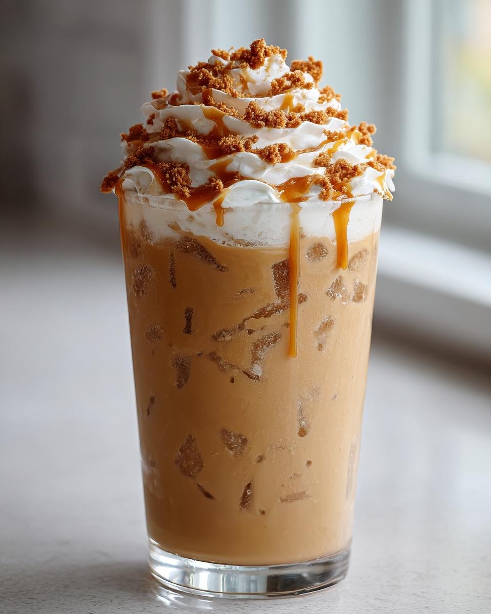 Tall glass filled with a Caramel Biscoff Cookie Butter Iced Latte, topped with whipped cream, caramel drizzle, and cookie crumbs.