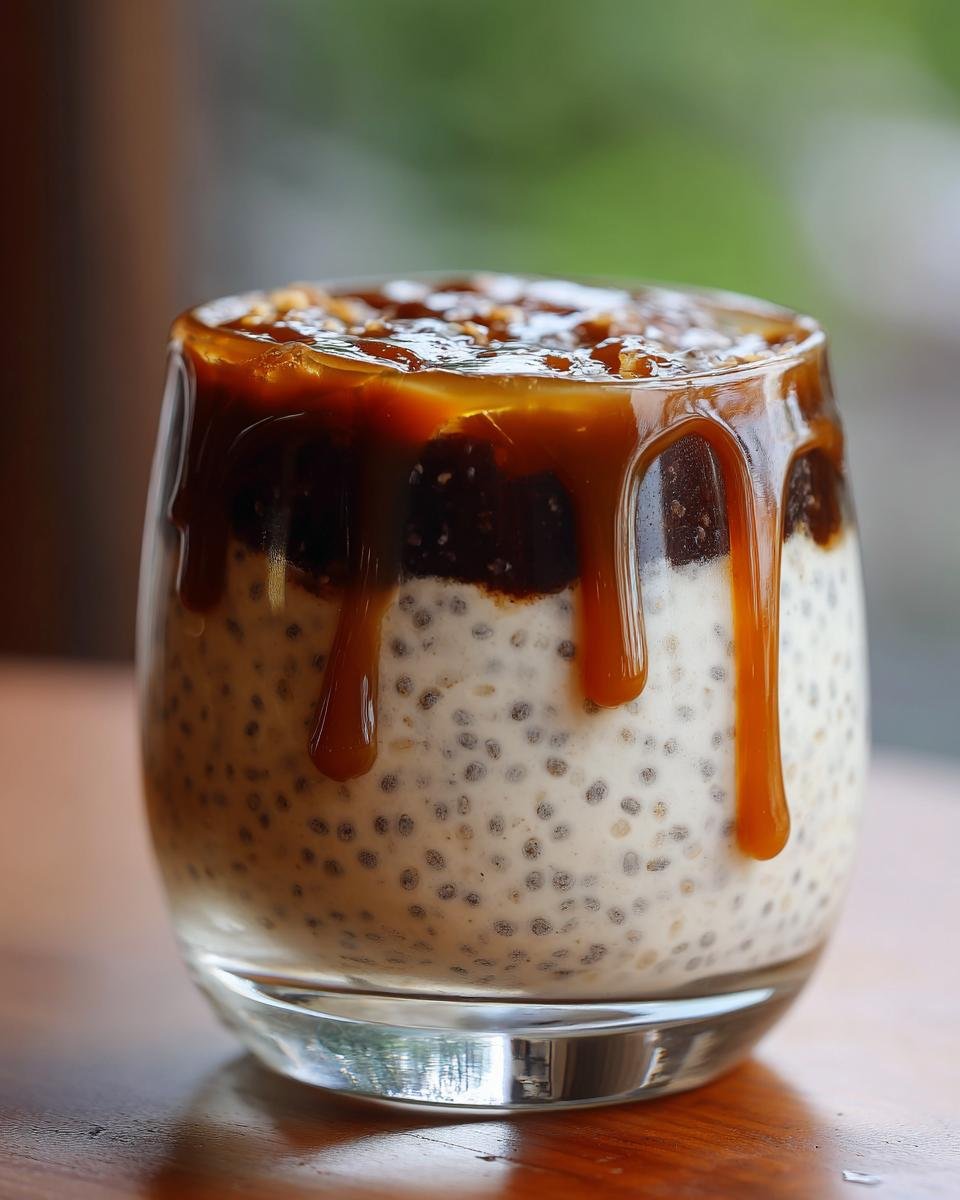 Close-up of Caramel Macchiato Chia Pudding with thick caramel drizzle dripping down the glass.