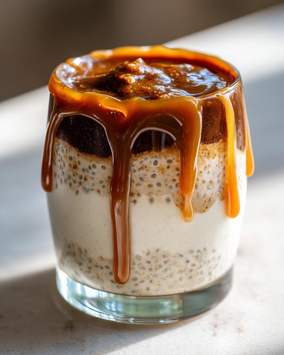 Close-up of Caramel Macchiato Chia Pudding layered in a glass, heavily drizzled with thick caramel sauce.