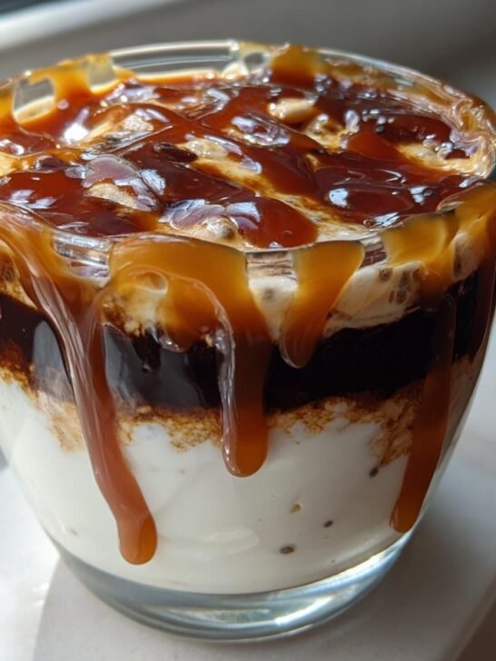 Layered Caramel Macchiato Chia Pudding topped with dripping caramel sauce in a clear glass.