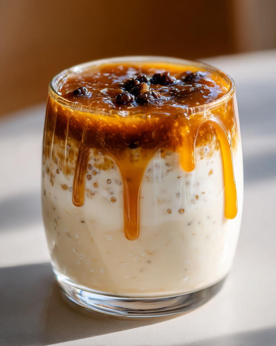 Close-up of Caramel Macchiato Chia Pudding layered in a glass with dripping caramel sauce and dark toppings.
