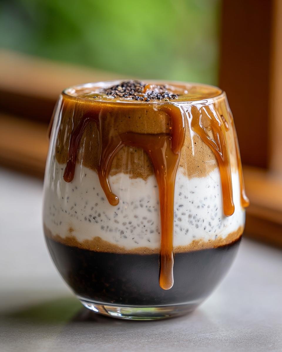 Close-up of layered Caramel Macchiato Chia Pudding with thick caramel drizzle.