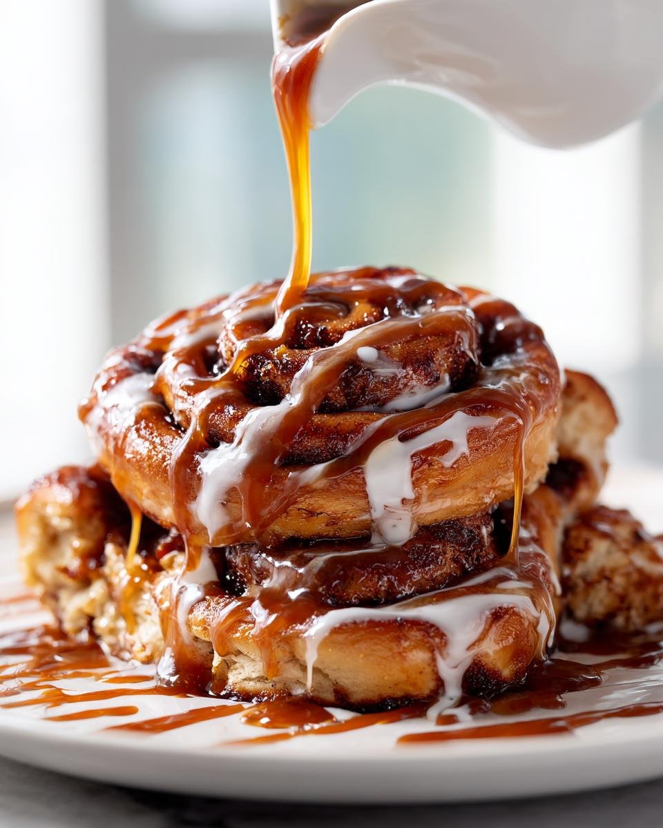 A stack of warm Caramel Mocha Cinnamon Rolls being generously drizzled with thick caramel sauce over white icing.
