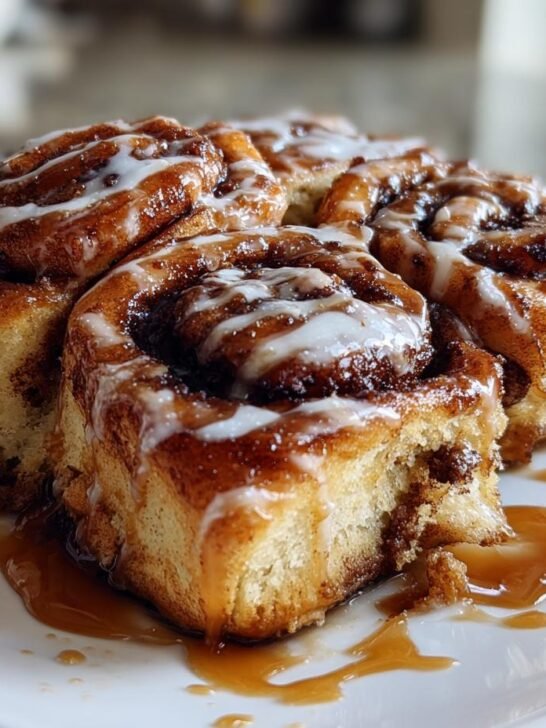 A close-up of three gooey Caramel Mocha Cinnamon Rolls drizzled with white icing and sitting in caramel sauce.
