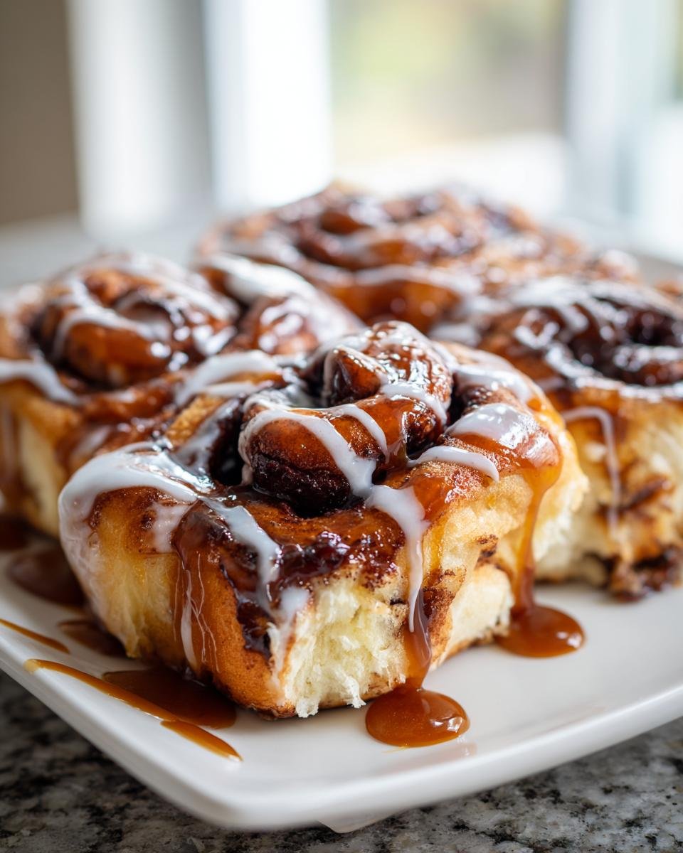 Close-up of gooey Caramel Mocha Cinnamon Rolls drizzled with white icing and rich caramel sauce on a white plate.