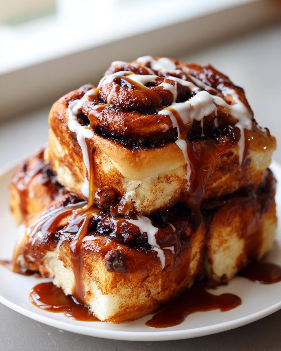 A stack of three gooey Caramel Mocha Cinnamon Rolls drizzled with white icing and rich caramel sauce.
