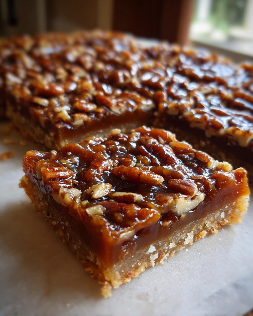 A close-up shot of a single square of Caramel Pecan Pie Bars showing the thick, gooey caramel layer and pecan topping over a shortbread crust.