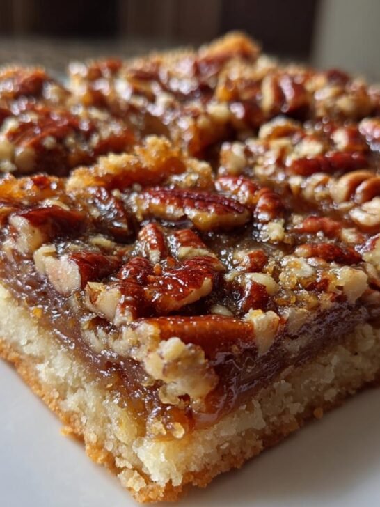 A close-up view of a square serving of Caramel Pecan Pie Bars showing the buttery crust and gooey pecan topping.