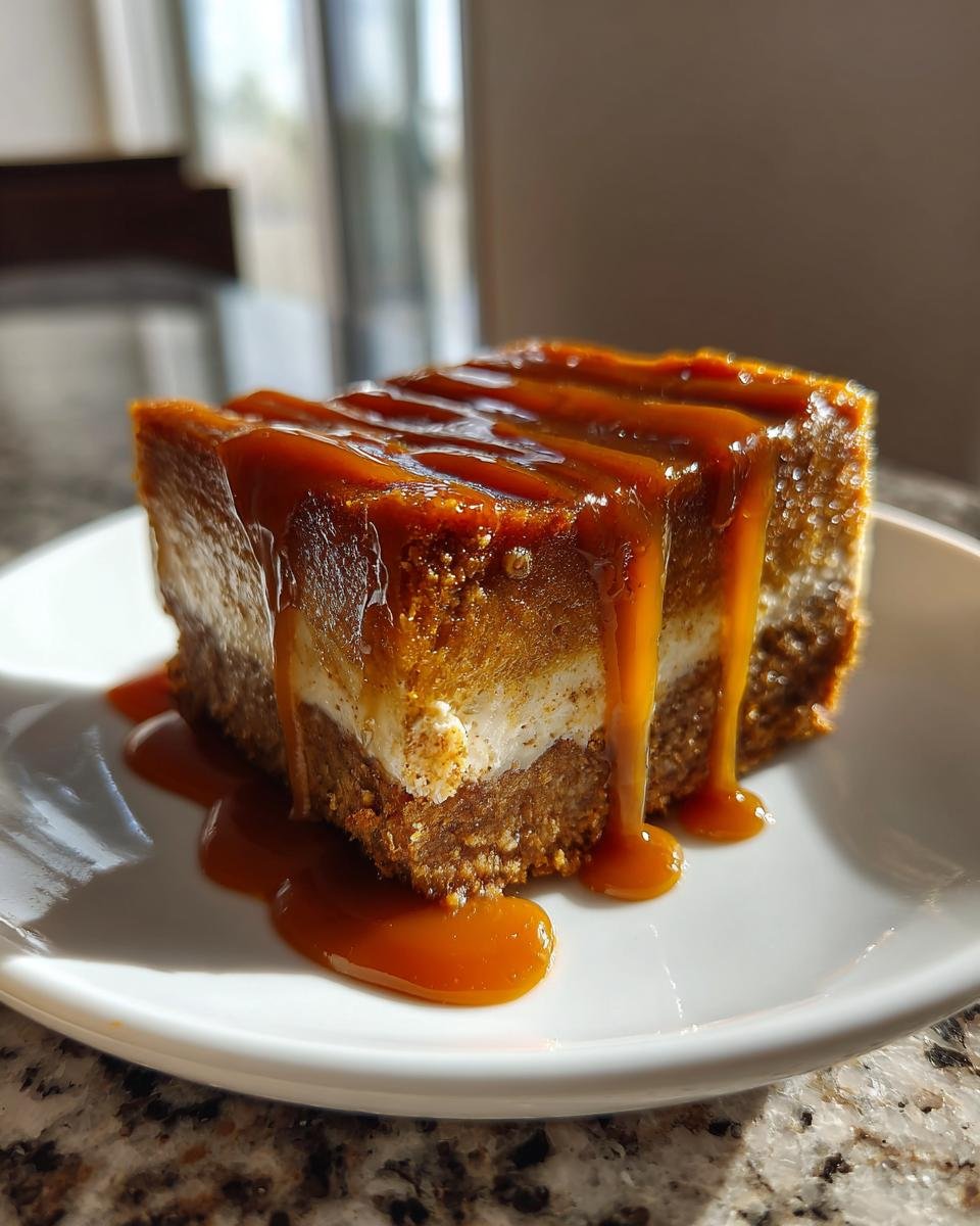 A single square serving of Caramel Pumpkin Cheesecake Bars topped with a rich, thick caramel sauce drizzle.