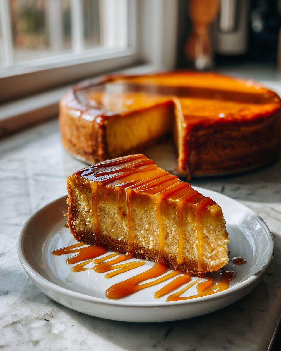 A decadent slice of Caramel Pumpkin Cheesecake Bars drizzled heavily with caramel sauce on a white plate.