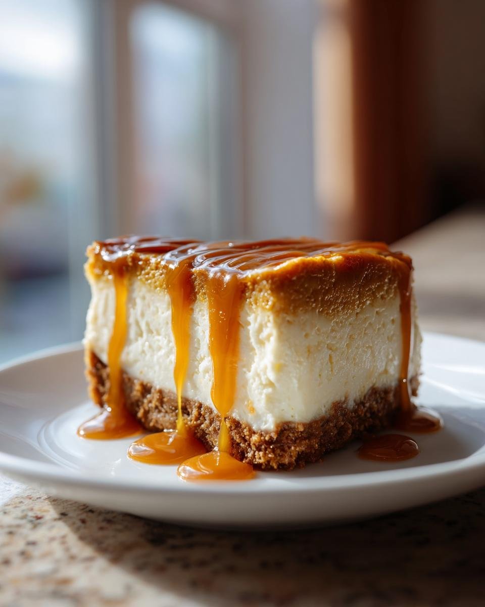 A decadent square slice of Caramel Pumpkin Cheesecake Bars with thick caramel sauce dripping down the sides onto a white plate.