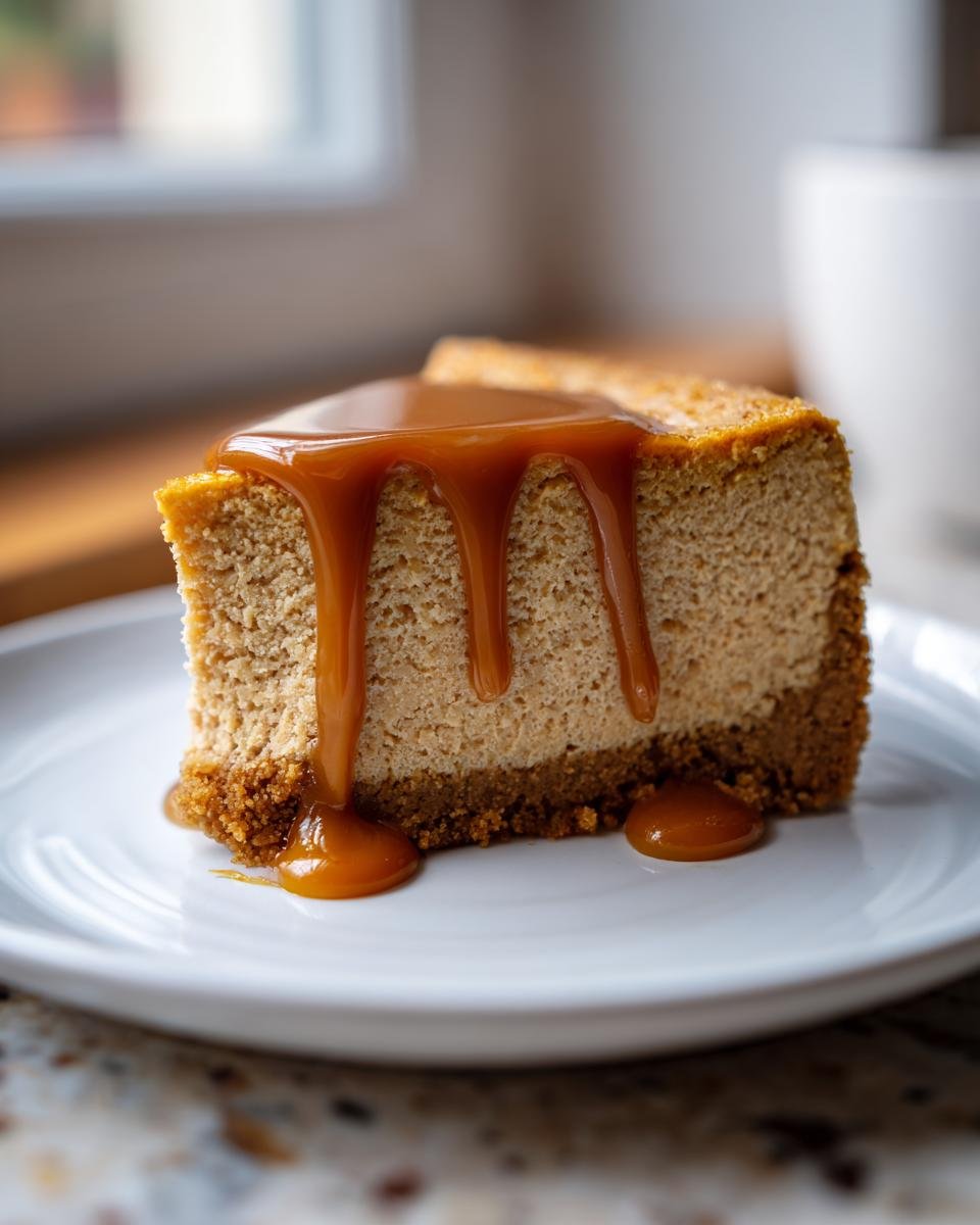 A decadent slice of Caramel Pumpkin Cheesecake Bars topped with thick, dripping caramel sauce.