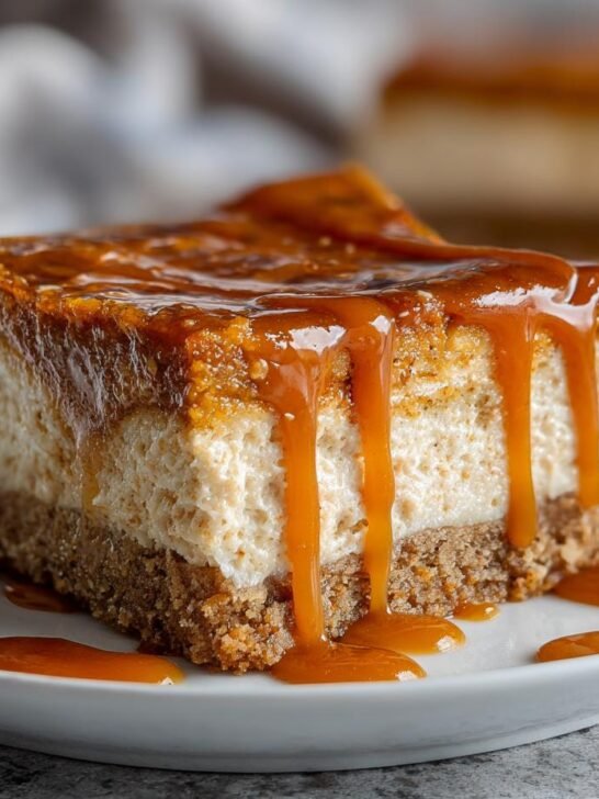 A decadent slice of Caramel Pumpkin Cheesecake Bars topped with thick, dripping caramel sauce on a white plate.