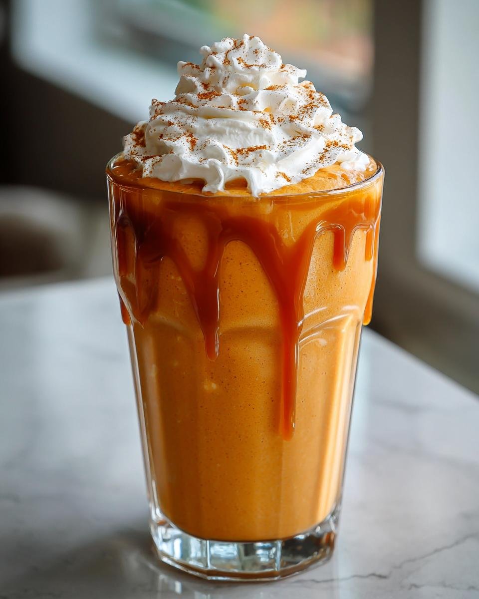A tall glass filled with a thick, orange Caramel Pumpkin Pie Milkshake, topped with whipped cream and cinnamon.