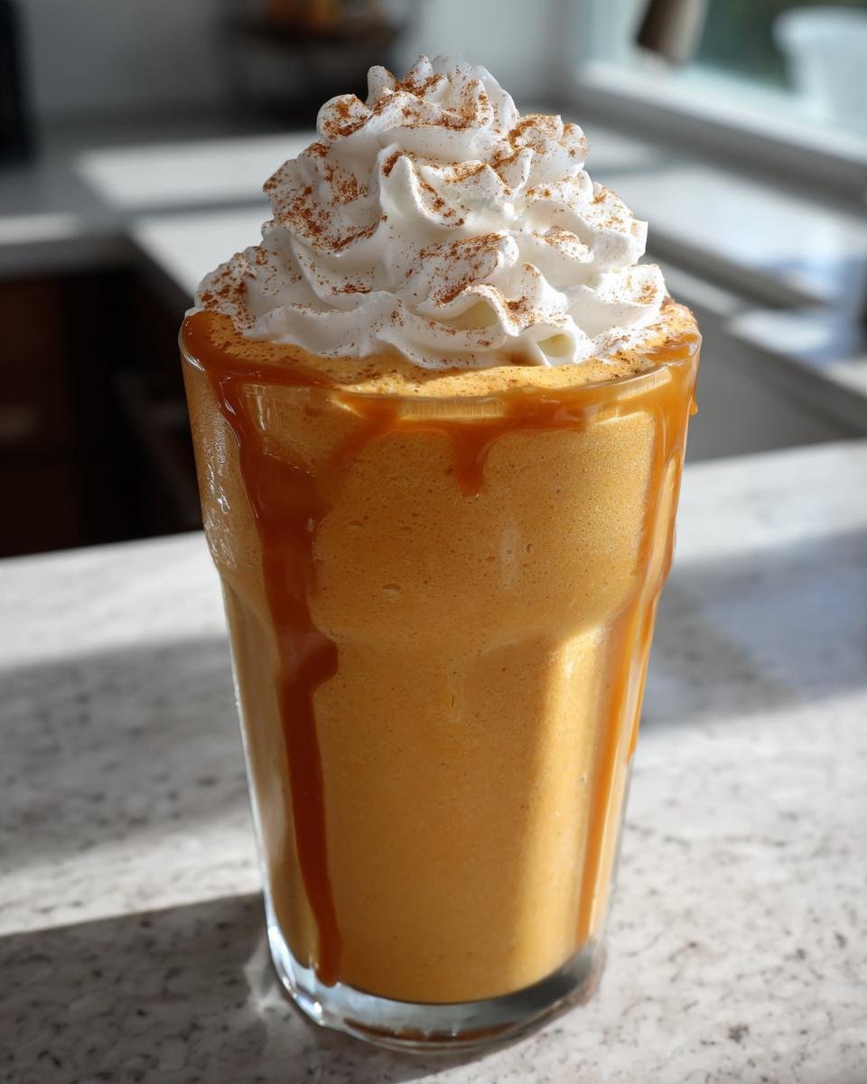 A tall glass of orange Caramel Pumpkin Pie Milkshake drizzled with caramel and topped with whipped cream and cinnamon.