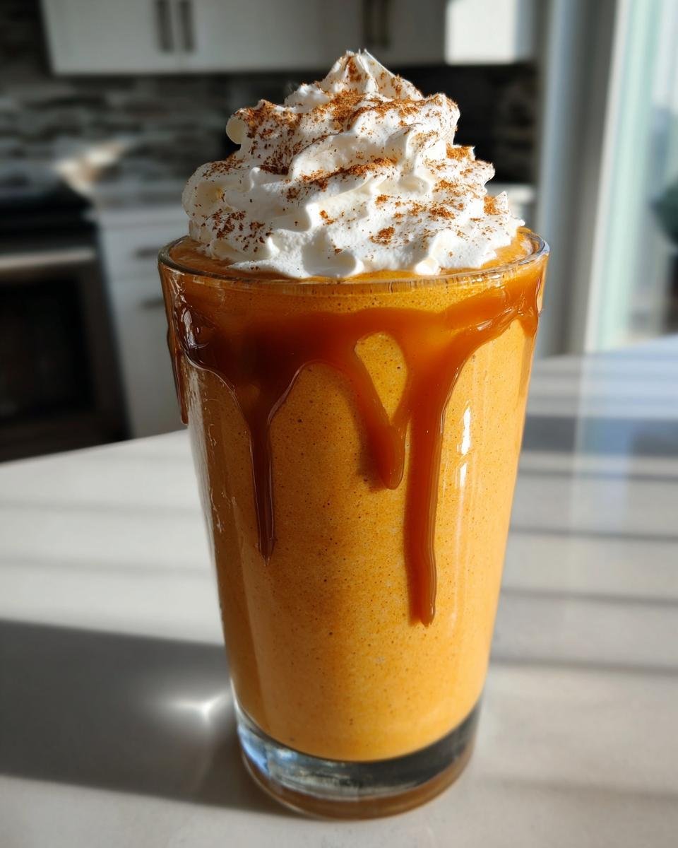 A tall glass filled with a thick, orange Caramel Pumpkin Pie Milkshake, drizzled with caramel sauce and topped with whipped cream and cinnamon.