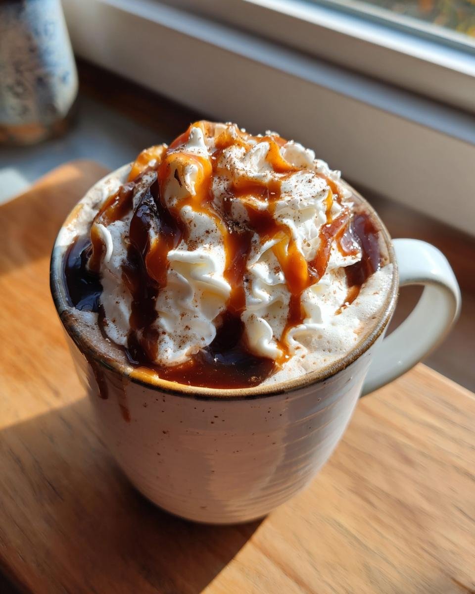 Close-up of Caramel Pumpkin Spice White Hot Chocolate topped high with whipped cream, caramel drizzle, and spice dusting.