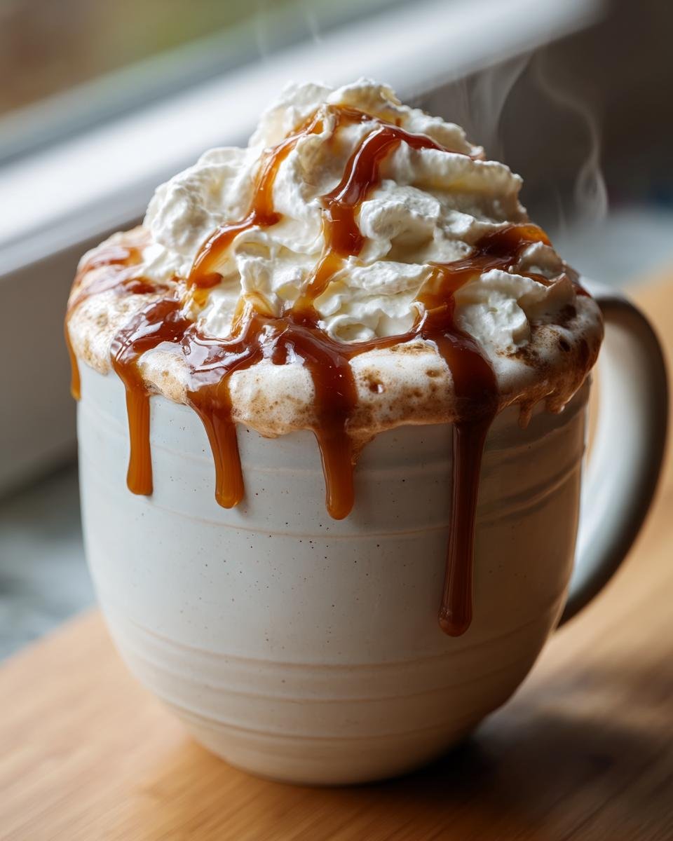 Close-up of a steaming mug of Caramel Pumpkin Spice White Hot Chocolate topped with whipped cream and caramel drizzle.