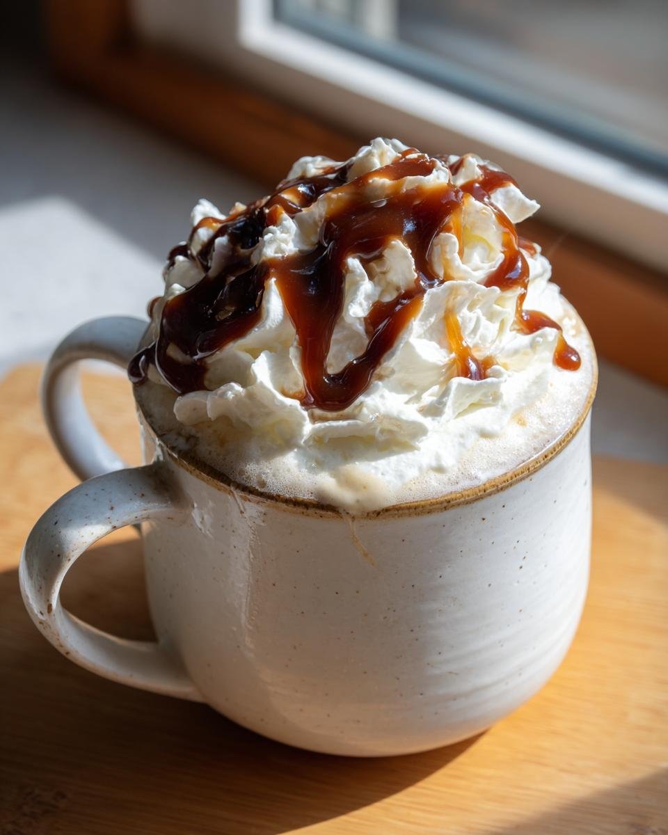 A cozy mug filled with Caramel Pumpkin Spice White Hot Chocolate, topped with whipped cream and caramel drizzle.