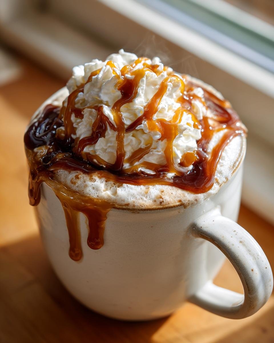 Steaming mug of Caramel Pumpkin Spice White Hot Chocolate topped with whipped cream and caramel drizzle.